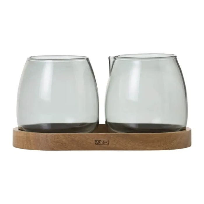AdHoc Yuna Mælk og sukkersæt - 3 dele 23 cl - Håndlavet varmebestandigt glas - Klar/grå
