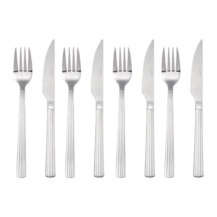 Aida Groovy Steaksæt - 8 dele 4 kuverter - Rustfrit stål - Blank sølvfarvet