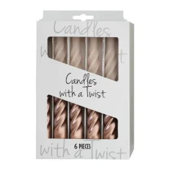 Candles with a twist Lys - 6 stk. Ø 2,2 x H 21 cm - 100% paraffin - Rosa/guld