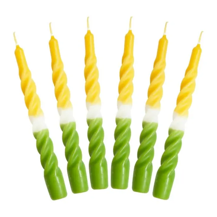 Candles with a twist Lys - 6 stk. Ø 2,2 x H 21 cm - Lakeret paraffin lys - Gul/hvid/grøn