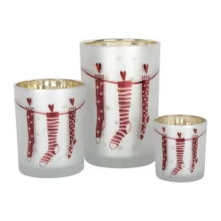 Casa Christmas Fyrfadsstage Ø 12 x H 18 cm - Glas - Frostet hvid/Rød/sølv