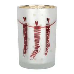 Casa Christmas Fyrfadsstage Ø 12 x H 18 cm - Glas - Frostet hvid/Rød/sølv