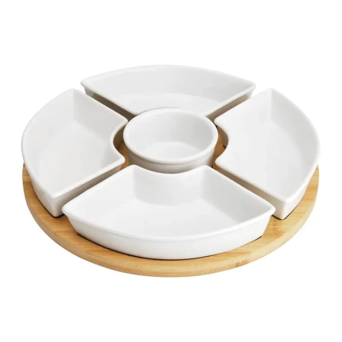 CASA Living Snacksæt - 6 dele Ø 27 cm - Porcelæn/træ - Hvid/natur