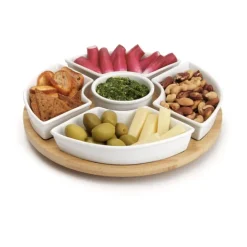 CASA Living Snacksæt - 6 dele Ø 27 cm - Porcelæn/træ - Hvid/natur