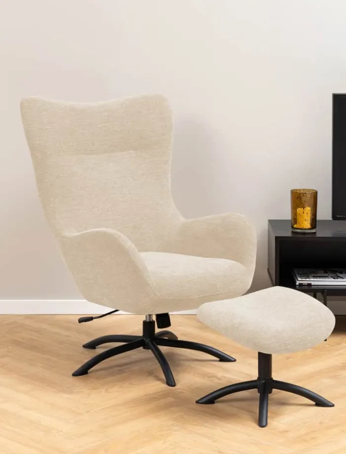 CASA Living Talgarth Lænestol m. Skammel H 105 x B 76 x L 86 cm - Stof/stål - Creme