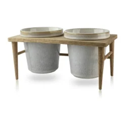 CASA Living Urtepottesæt - 3 dele L 25 cm - Akacietræ/stentøj - Råhvid