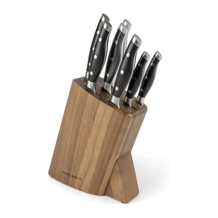 Cook & Baker Knivblok med 7 knive H 40 x B 26,5 x 10,5 cm - Certificeret Akacietræ/rustfrit stål - Brun