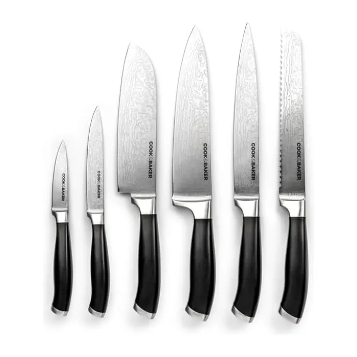 Cook & Baker Knivblok med 6 knive H 36,5 x B 17,5 x 20 cm - Certificeret Akacietræ/rustfrit stål - Brun