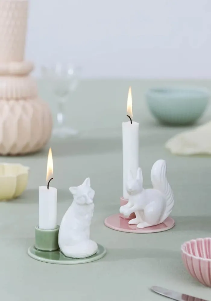 Dottir Sweet Stories Ræv Lysestage H 9,5 cm - Porcelæn - Hvid/spruce