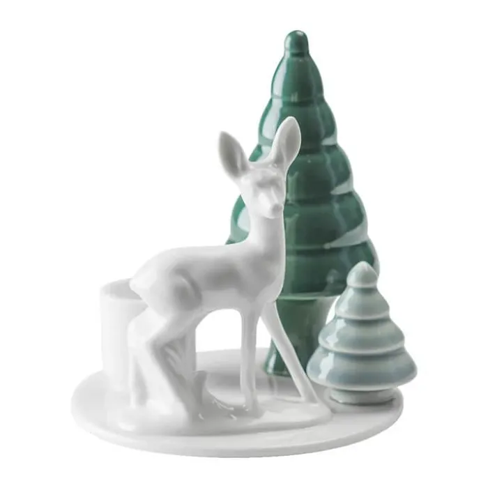Dottir Winter Stories Bambi Lysestage H 11 cm - Porcelæn - Grøn/hvid