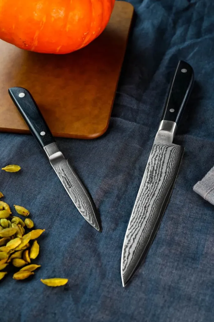 Endeavour Discovery PRO Knivsæt - 2 dele L 8,5/15 cm - Damaskusstål/pakkatræ - Sort