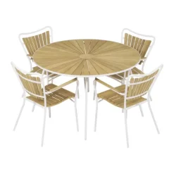 Mandalay Marguerit Havemøbelsæt - 5 dele Ø 120 x H 72 cm - Teaktræ/aluminium - Hvid