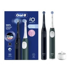 Oral-B iO 2 DUO Elektriske Tandbørste - 2 stk. Auto trykkontrol - 3 indstillinger - Night Black & Forest Green