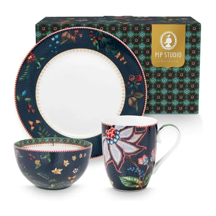 PIP Studio Berry Blues Morgenmadssæt - 3 dele Ø 21/15 cm + 350 ml- Porcelæn - Blå