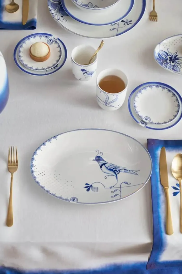 PIP Studio Blue Bird Tallerken B 21,8 x L 30 cm - Porcelæn - Hvid/blå