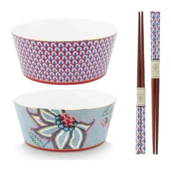 PIP Studio Oriental Flower Festival Skål m. spisepinde 4 dele - Porcelæn - Blå/rød