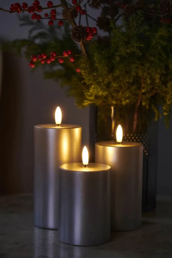 Sirius Sille Exclusive Bloklys - 3 stk. H 10/12,5/15 cm - Stearin - Sølvfarvet