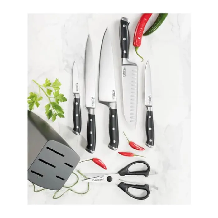 THE CUSTOM CHEF™ Cuisine::pro Artisan™ Finster Knivblok - 7 dele 6 knive + knivblok - Rustfrit stål - Sort