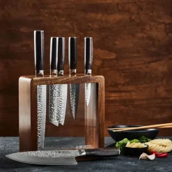 THE CUSTOM CHEF™ Cuisine::pro Damashiro EMPEROR Mokuzai Knivblok - 7 dele 6 knive + knivblok - Rustfrit stål - Brun/klar