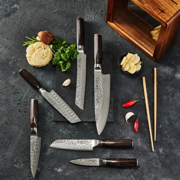 THE CUSTOM CHEF™ Cuisine::pro Damashiro EMPEROR Mokuzai Knivblok - 7 dele 6 knive + knivblok - Rustfrit stål - Brun/klar