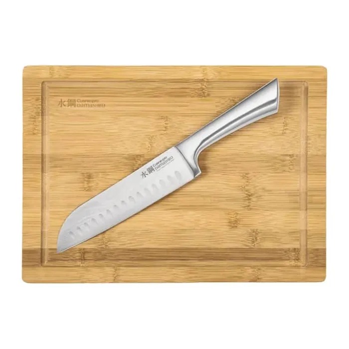 THE CUSTOM CHEF™ Cuisine::pro Damashiro® Santokukniv og skærebræt L 34 x B 24,5/L 16,5 cm - Rustfrit stål/bambus