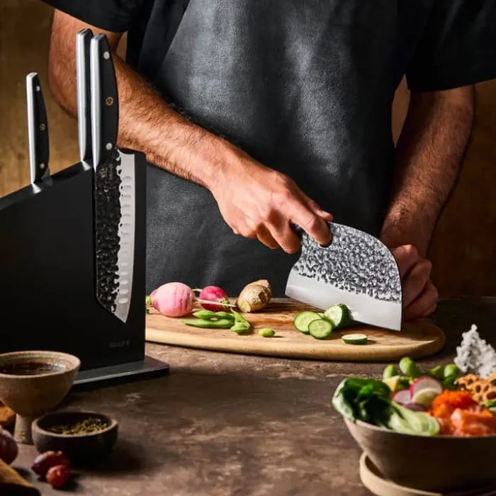 THE CUSTOM CHEF™ Cuisine::pro® Kuroi Kiba™ Knivblok - 7 dele L 17,5/14/15/18/12/9 cm - Japansk rustfrit stål/Pakkatræ - Sort