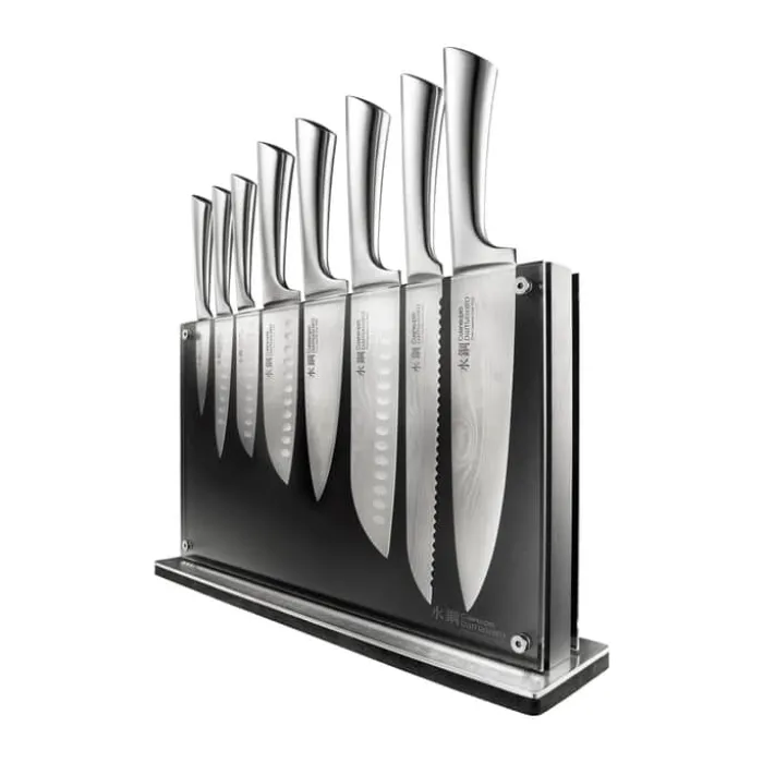 THE CUSTOM CHEF™ Damashiro® Nami Knivblok - 9 dele 8 knive + knivblok - Rustfrit stål - Sort/klar