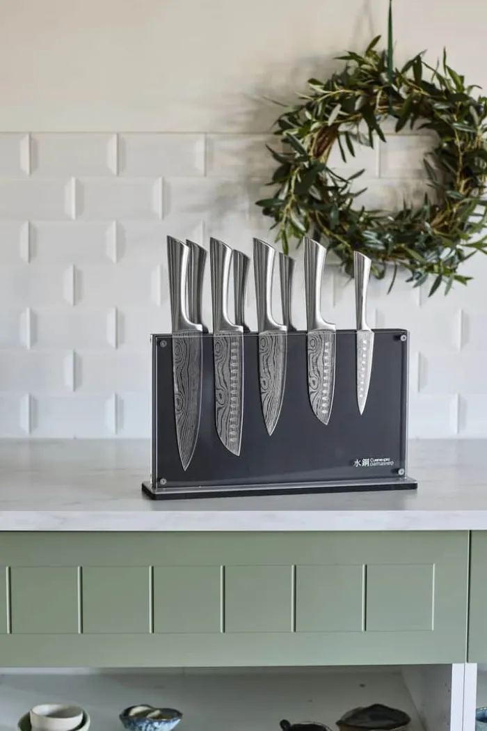 THE CUSTOM CHEF™ Damashiro® Nami Knivblok - 9 dele 8 knive + knivblok - Rustfrit stål - Sort/klar